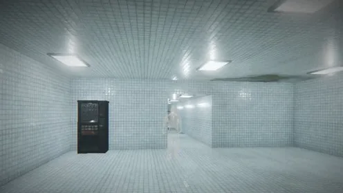 A vending machine in a tiled corridor · 瓷砖走廊里的自动售货机